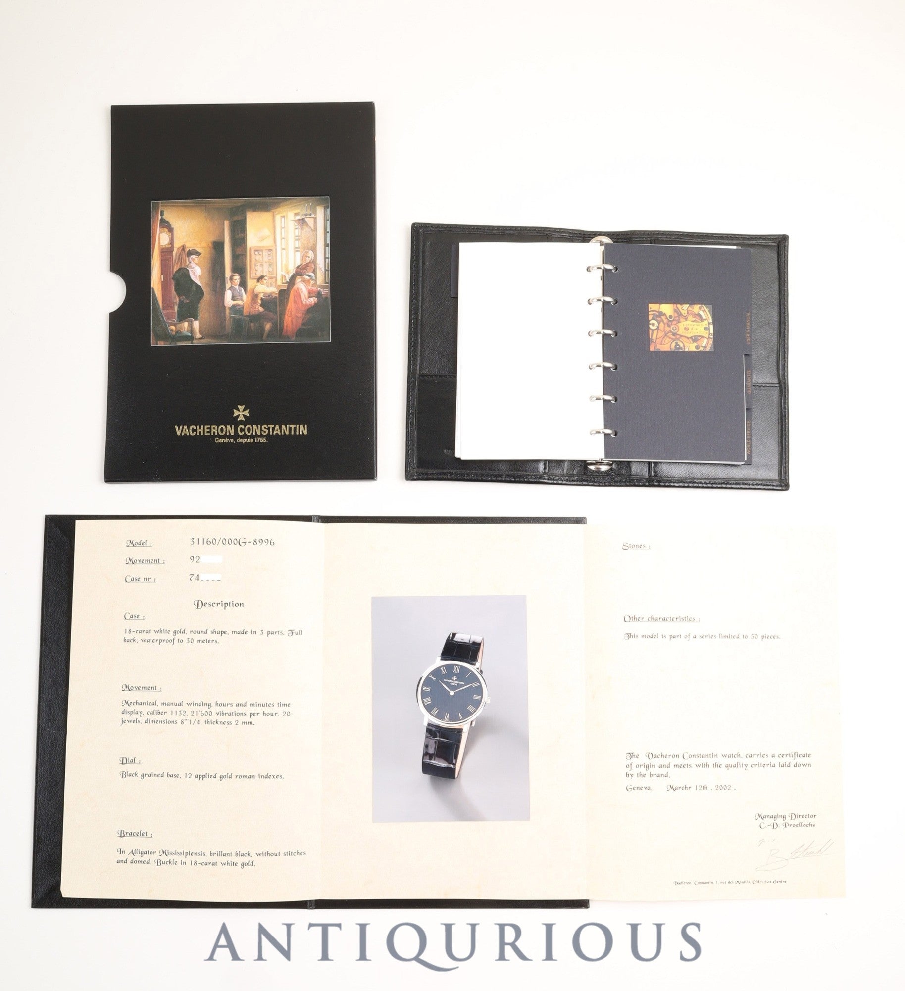 Vacheron Constantin Essential Flat 31160/000G-8996 Manual Winding Caliber 1132.2 750WG Leather Genuine Pin Buckle (750WG) Black Roman Dial Box Warranty Card (2002) Notebook Overhaul