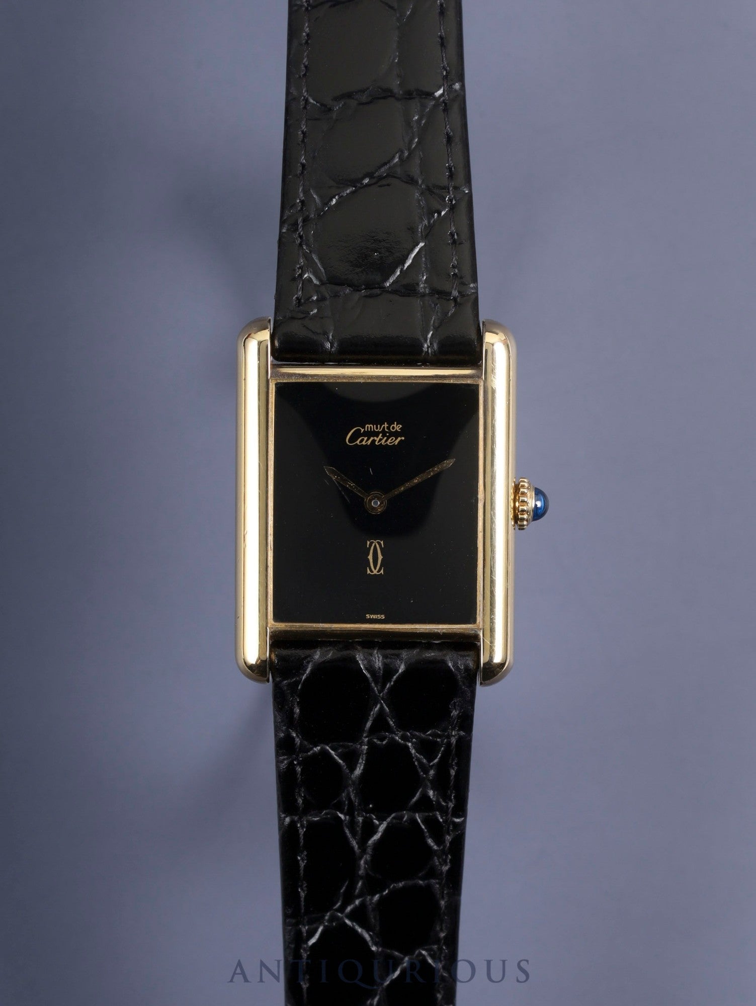 Cartier Must Tank LM Manual Winding Cal. 78-1 SV925 Leather Genuine Buckle (GP) Onyx Dial Box Booklet Warranty (1981) Overhauled