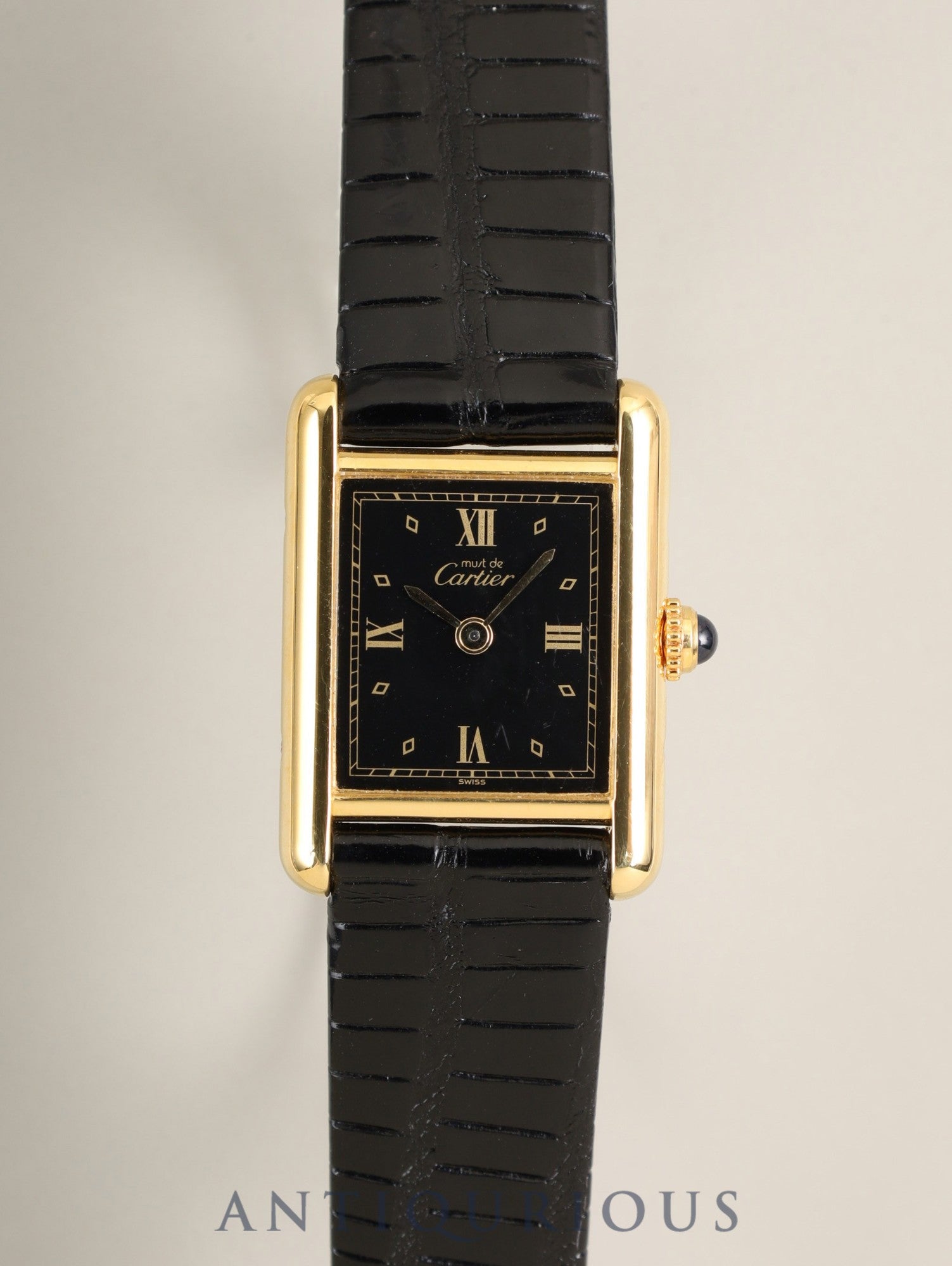Cartier Must Tank SM 557051 Quartz Cal.057 SV925 Leather Genuine Pin Buckle (GP) Black Roman Dial (SWISS marking) Overhauled Polished