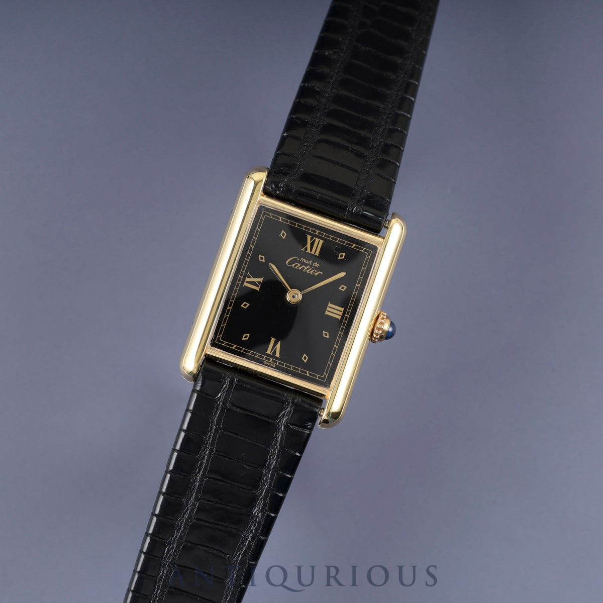 Cartier Must Tank LM 590005 Quartz Caliber 90 SV925 Leather Strap with Genuine GP Buckle, Black Roman Dial, Overhauled and Finished to Look Like New