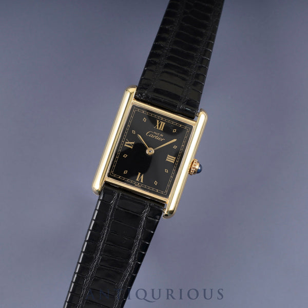 カルティエ マストタンク LM 590005 クォーツ Cal.90 SV925 革 純正尾錠（GP）ブラック飛びローマン文字盤 オーバーホール済み 新品仕上げ済み