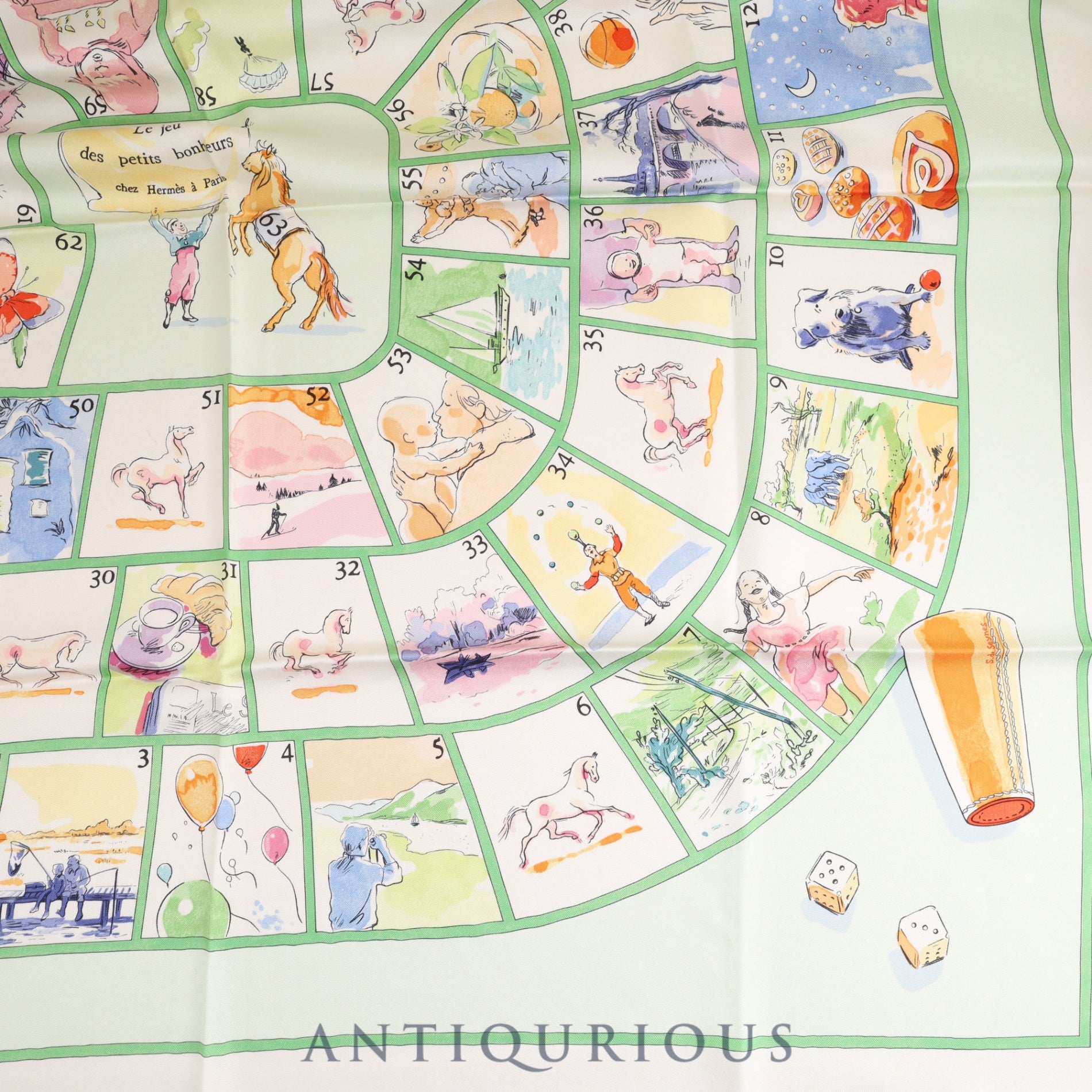 Hermes scarf Carré 90 LES JEU DES PETITS BONHEURS Little Happiness Game Green 100% SILK