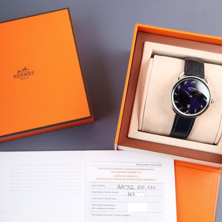 エルメス アルソー AR7Q.810.630 クォーツ SS 純正革ベルト（B刻印：2023）純正尾錠（SS） ブルーアラビア文字盤 箱 冊子 保証書（2023年） オーバーホール済み