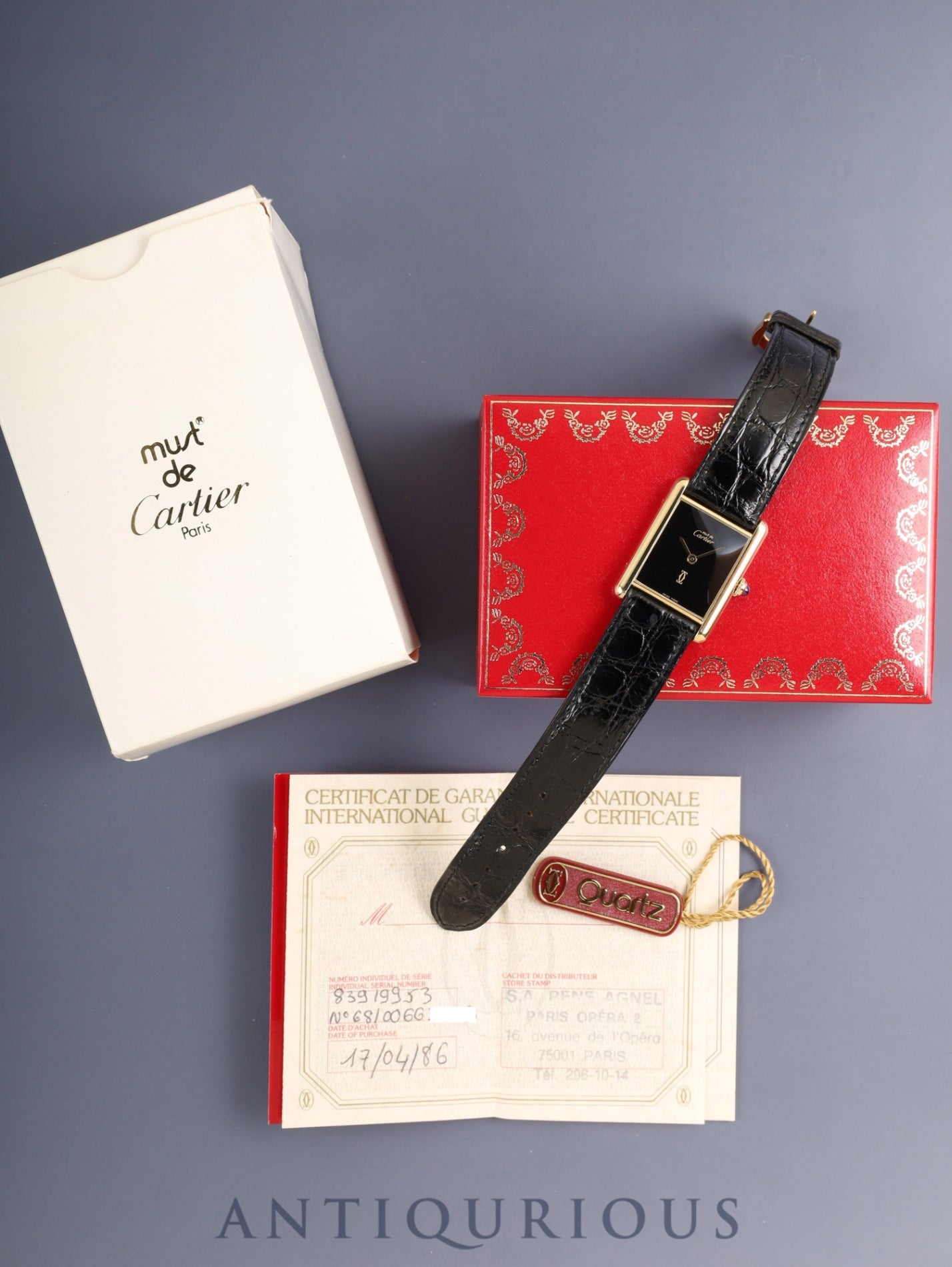 カルティエ マストタンク LM 6 81006 クォーツ SV925 純正革ベルト 純正ピンバックル（GP）オニキス文字盤（SWISS MADE表記） 箱 タグ 冊子 保証書（1986年）カルティエブティックにてコンプリートサービス（フルメンテナンス）済み