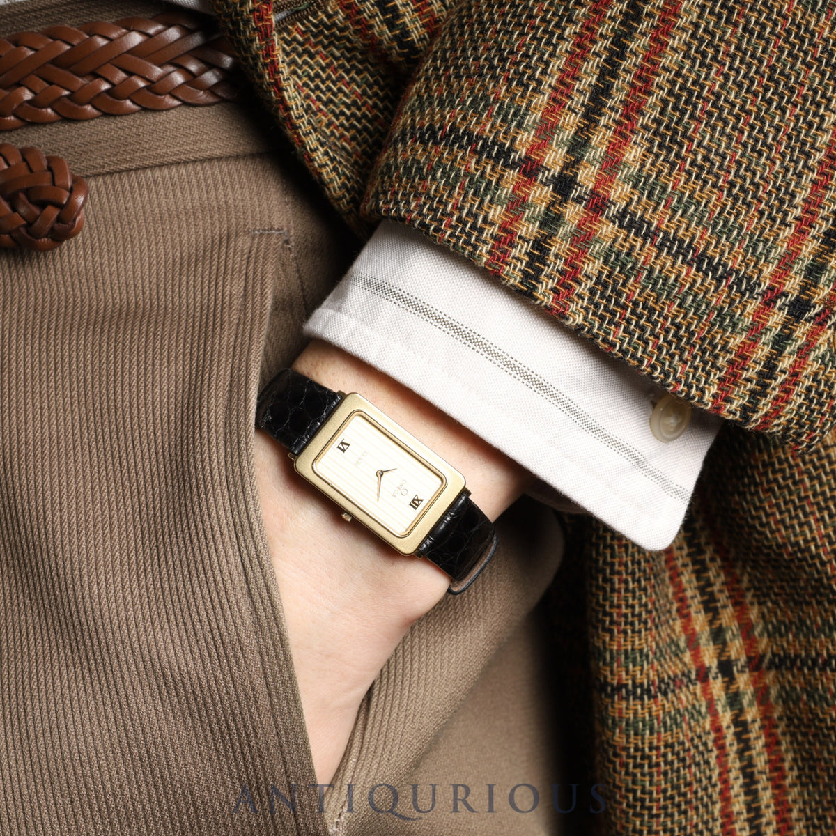 Omega De Ville 195.0051 Quartz Caliber 1455 GP Leather Strap with Aftermarket Buckle (GP) Gold Stripe Dial Overhauled