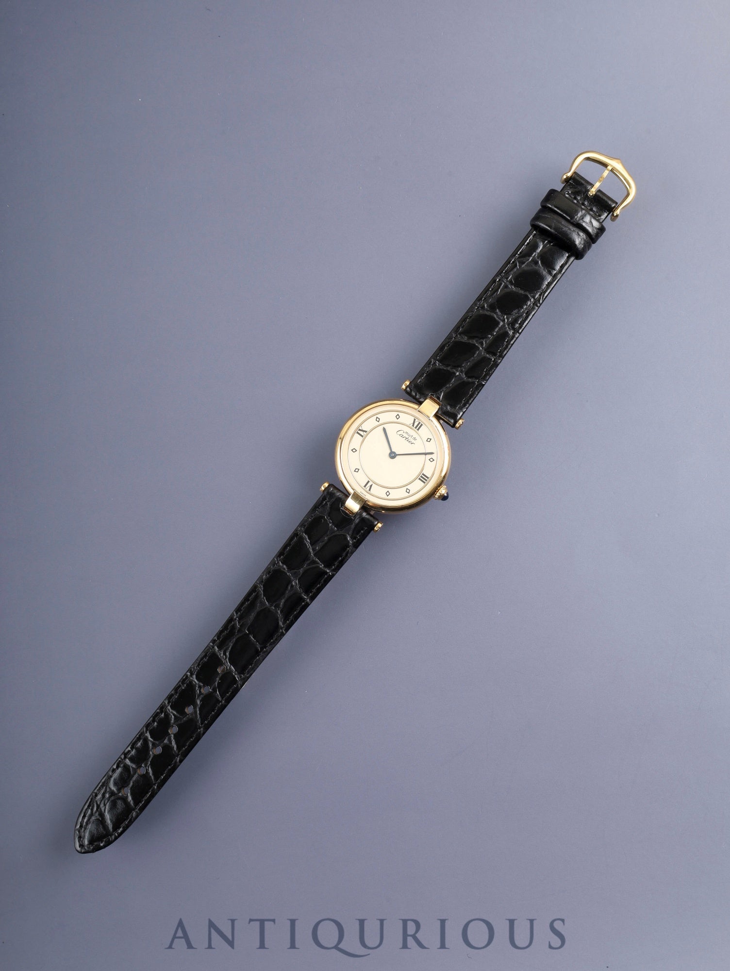 カルティエ マスト ヴァンドーム VLC LM 590003 クォーツ Cal.90 SV925 革 純正尾錠（GP）アイボリー4点ローマン文字盤 箱 保証書（1993年）オーバーホール済み