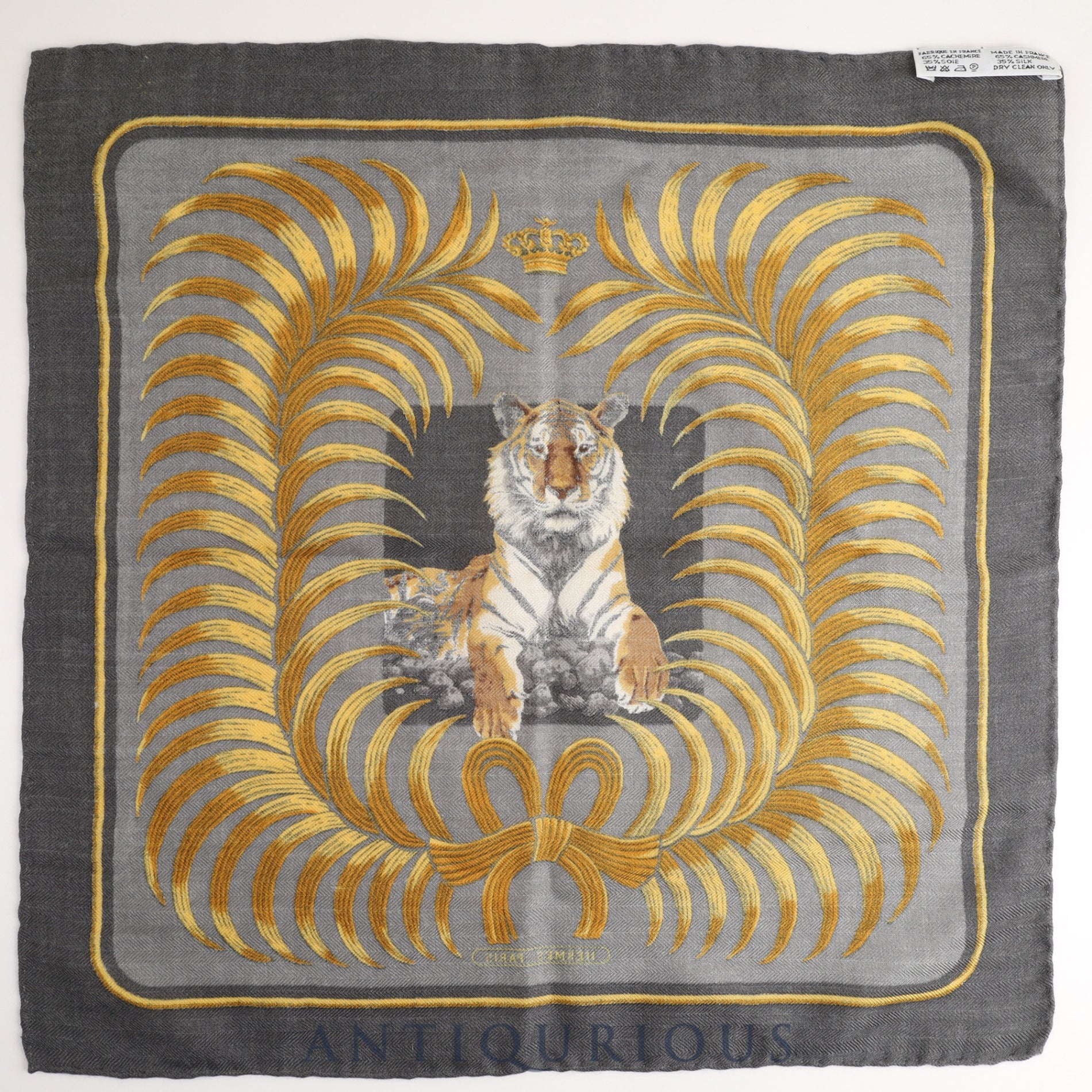 Hermes scarf Carre 45 King of the Tiger Grey CASHMERE 65% SILK 35%