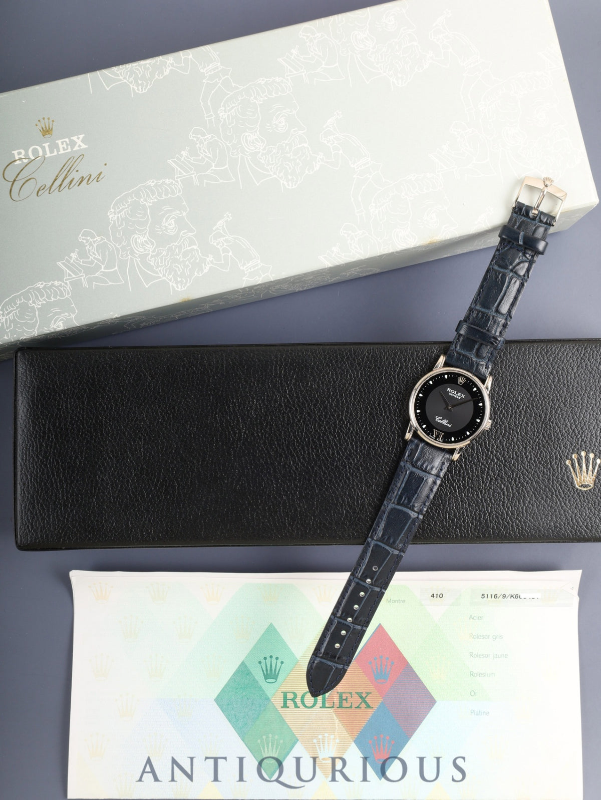 Rolex Cellini 5116/9 Manual Winding Cal.1602 Leather 750WG Original Pin Buckle (750WG) Black Dial K-series (2001) Box, Papers, Warranty, Overhauled