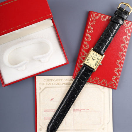 カルティエ マストタンク LM 590005 クォーツ Cal.90 SV925 革 純正ピンバックル（GP）アイボリーローマン文字盤（SWISS表記） 箱 冊子 保証書（無記載）オーバーホール済み