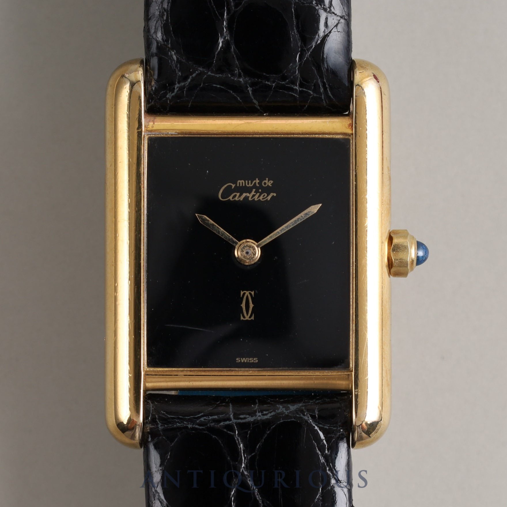 Cartier Must Tank SM QZ 3 66001 925 Leather Genuine Buckle (GP) Black Onyx Dial Box Warranty (1986) Overhauled