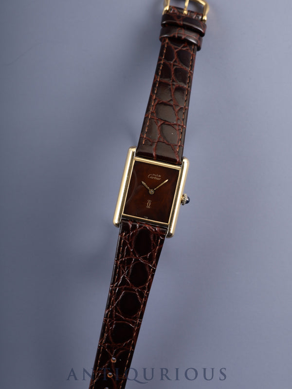 Cartier Must Tank LM, manual winding, Cal. 78-1, SV925, leather, genuine buckle (GP), mahogany dial (SWISS markings), circa 1976-early 1980s, overhauled.