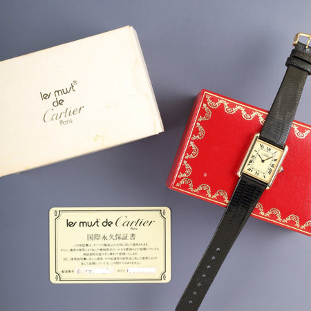 カルティエ マストタンク LM 手巻き Cal.78-1 SV925 革 純正ピンバックル（GP）アイボリーローマン文字盤（SWISS表記） 箱 冊子 国際永久保証書（1982年 / 個人名記載） オーバホール済み