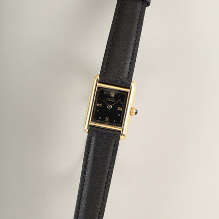 カルティエ マストタンク SM 5057001 クォーツ Cal.057 SV925 純正ピンバックル（GP）ブラック飛びローマン文字盤（SWISS表記）オーバーホール済み 新品仕上げ済み