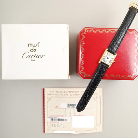 カルティエ マストタンク SM 5057001 クォーツ Cal.057 SV925 革 純正Dバックル（GP） オパラン文字盤 箱 保証書（1995年）オーバーホール済み 新品仕上げ済み