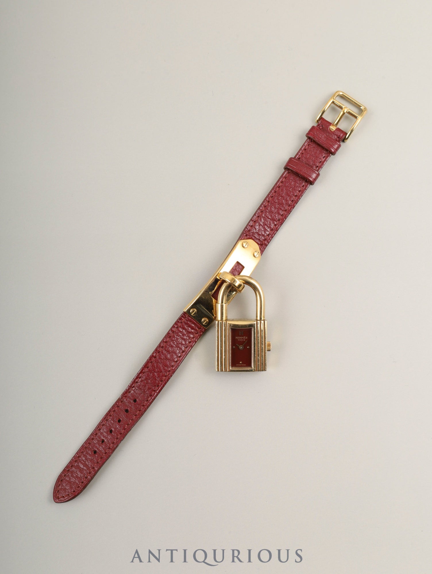 エルメス ケリーウォッチ 39.01 クォーツ  GP 純正革ベルト（○U刻：1991年）社外尾錠（GP） ボルドー文字盤 箱 保証書（1993年）オーバーホール済み