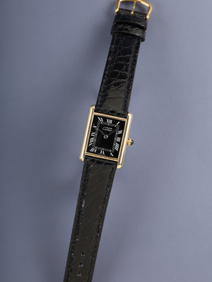 Cartier Must Tank LM, manual winding, Cal. 78-1, SV925, leather, genuine pin buckle (GP), black Roman dial (SWISS MADE inscription), fully serviced at a Cartier boutique.