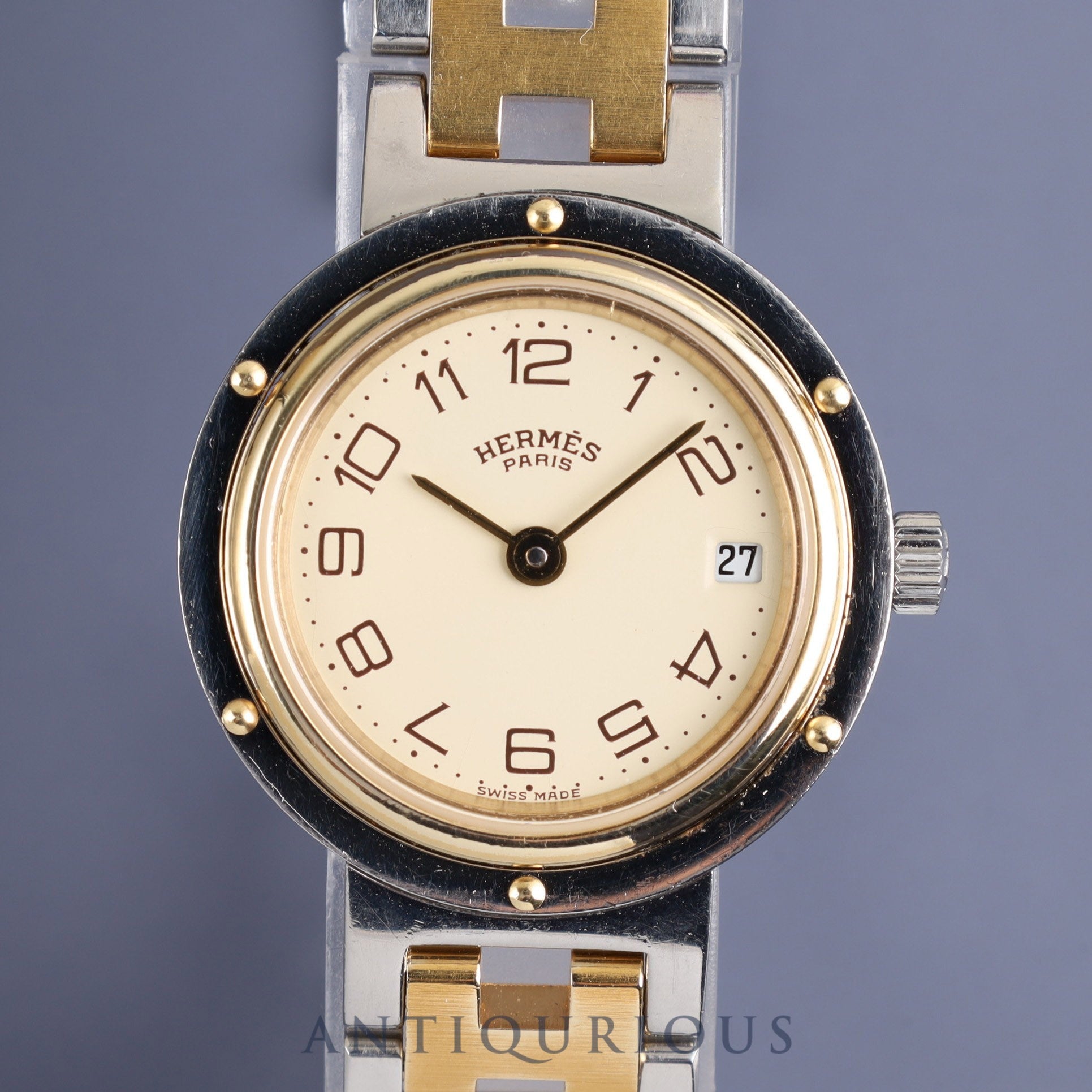 Hermes Clipper Quartz SS/GP Champagne Arabic Dial Overhauled