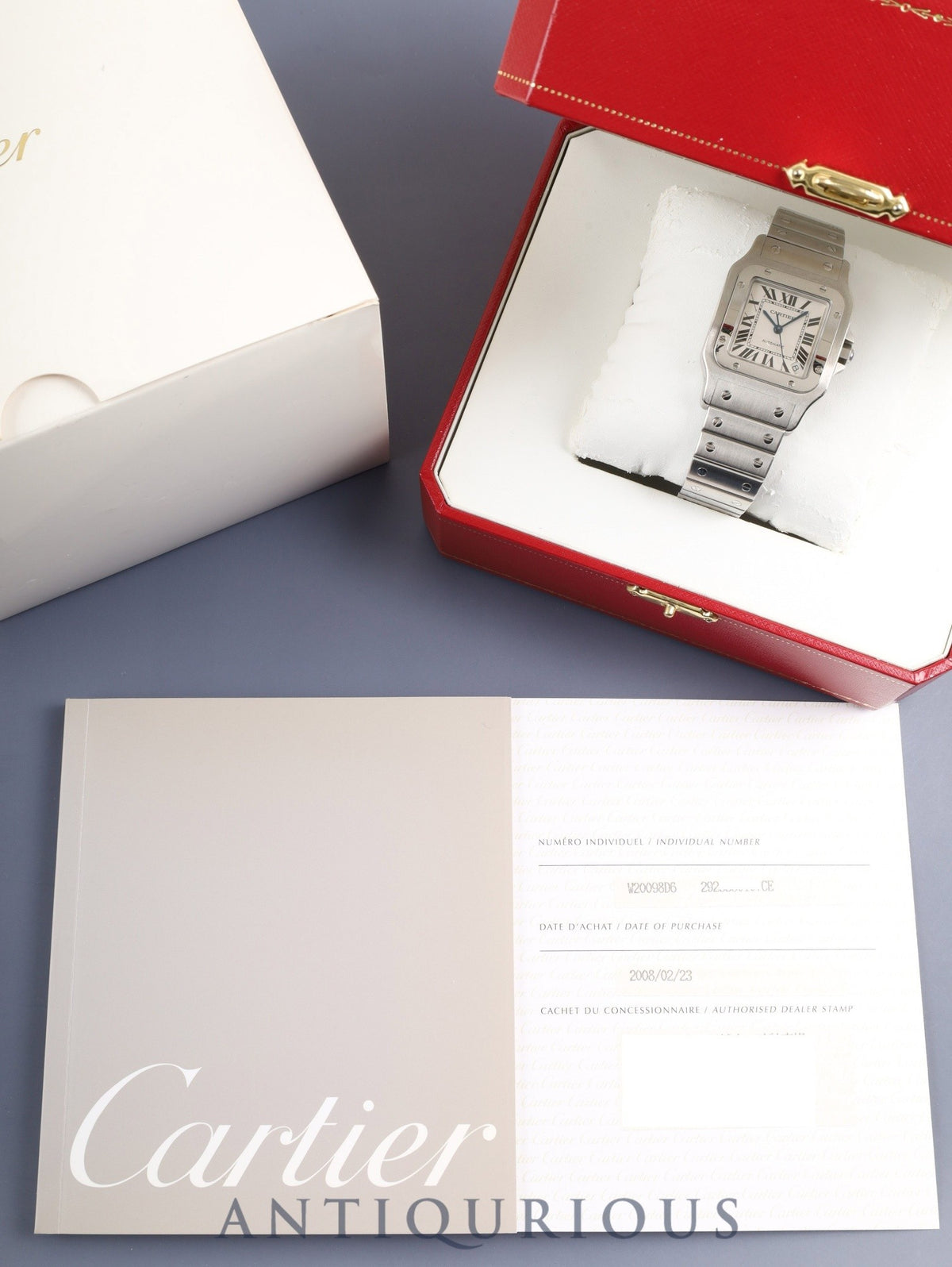 Cartier Santos Galbee XL W20098D6 / 2823 Automatic Cal.2892 SS SS Silver Roman Dial (SWISS MADE) Box Warranty (2008 / Name inscribed / Incorrect serial number) Manual Booklet DVD Overhauled