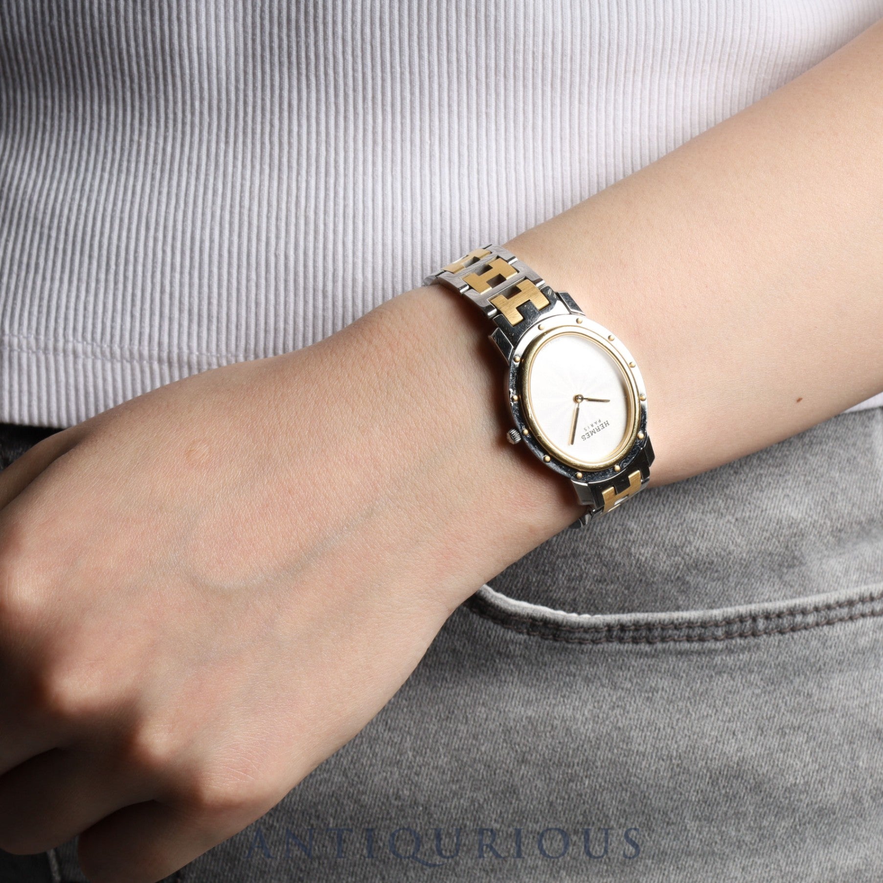 Hermes Clipper Oval CO1.520.220 / 3280 Quartz Cal.976.001 SS/GP White guilloche dial Box Warranty (2008) Overhauled