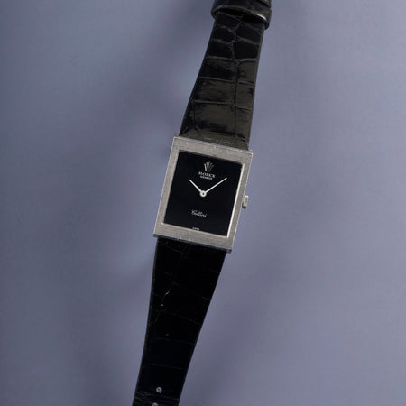 ロレックス チェリーニ 4014 手巻き Cal.1600 750WG 革 純正尾錠（GP） ブラック文字盤 33番台（1971年）オーバーホール済み