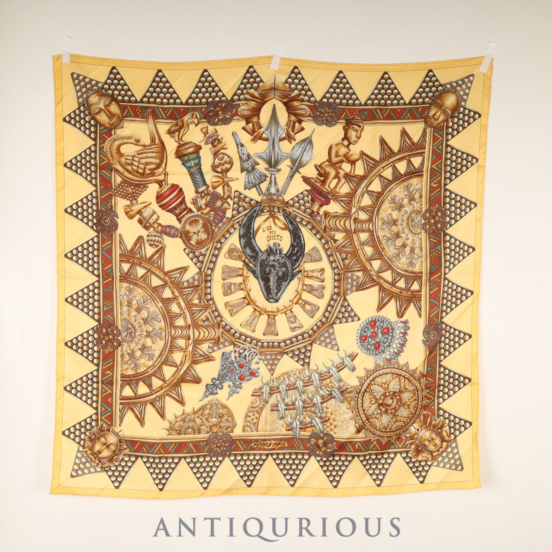 Hermès Carré 90 Scarf, Chieftains' Gold, 100% Silk