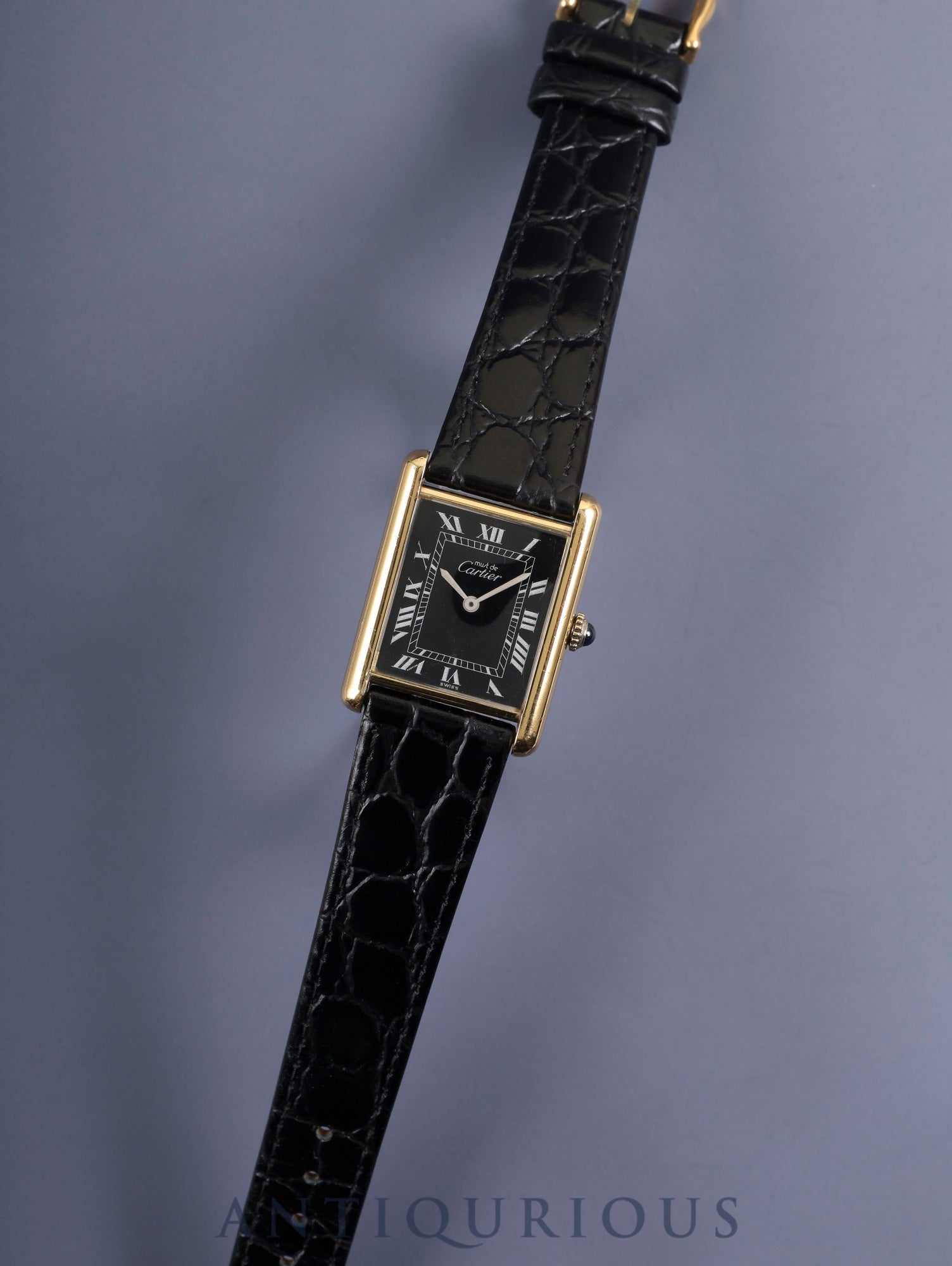 Cartier Must Tank LM Manual Winding Cal. 78-1 SV925 Leather Genuine Buckle (GP) Black Roman Dial Warranty Overhauled