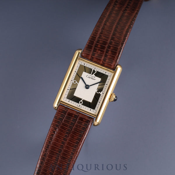 Cartier Must Tank LM, Limited Edition of 500 pieces, 1615 Quartz, Cal. 90, SV925, Leather, Genuine GP Buckle, Gold Sector Dial, Overhauled