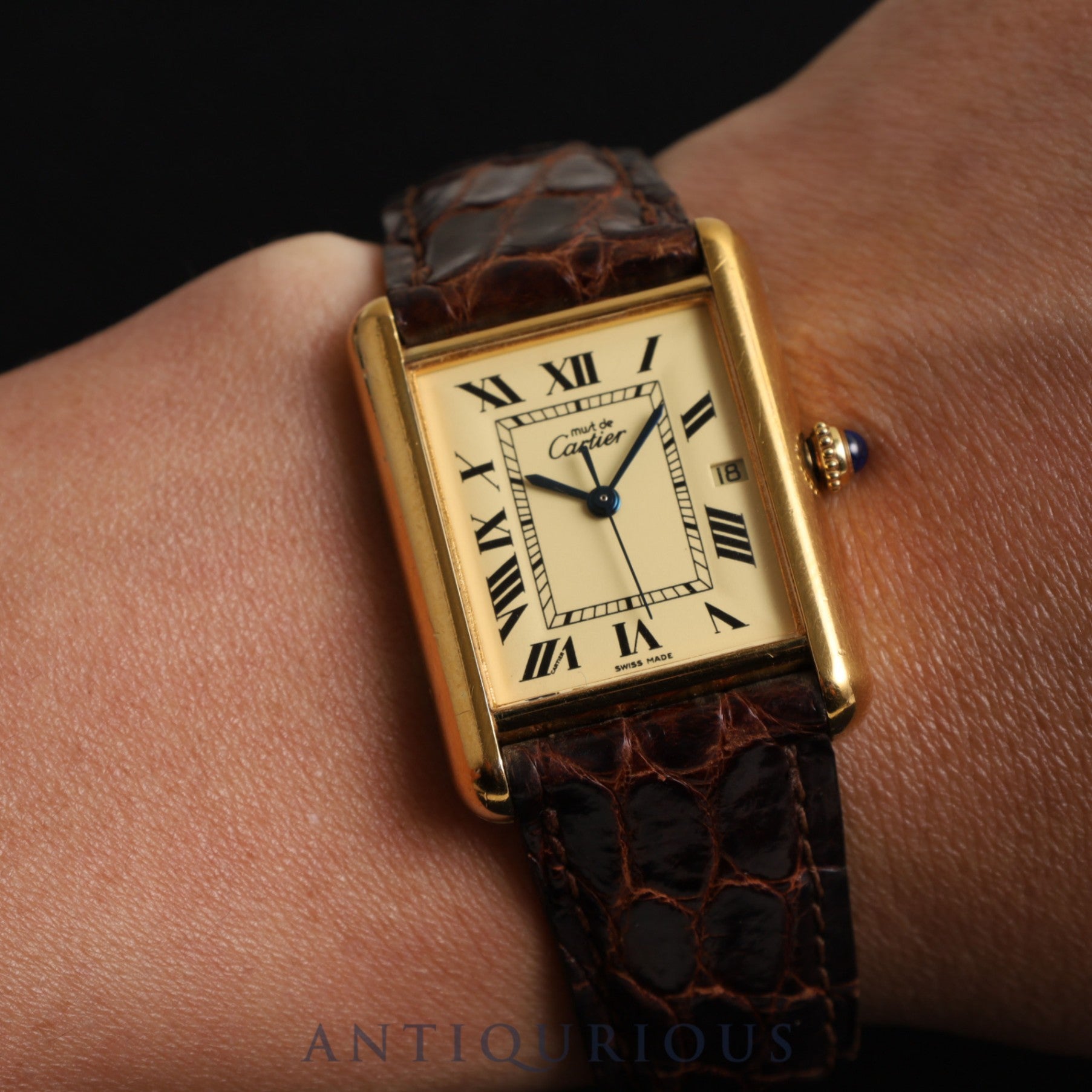 CARTIER MUST TANK GM (XL) W1017454 / 2413 Quartz Cal.687 SV925 Leather Genuine D-buckle (GP) Ivory dial Overhauled