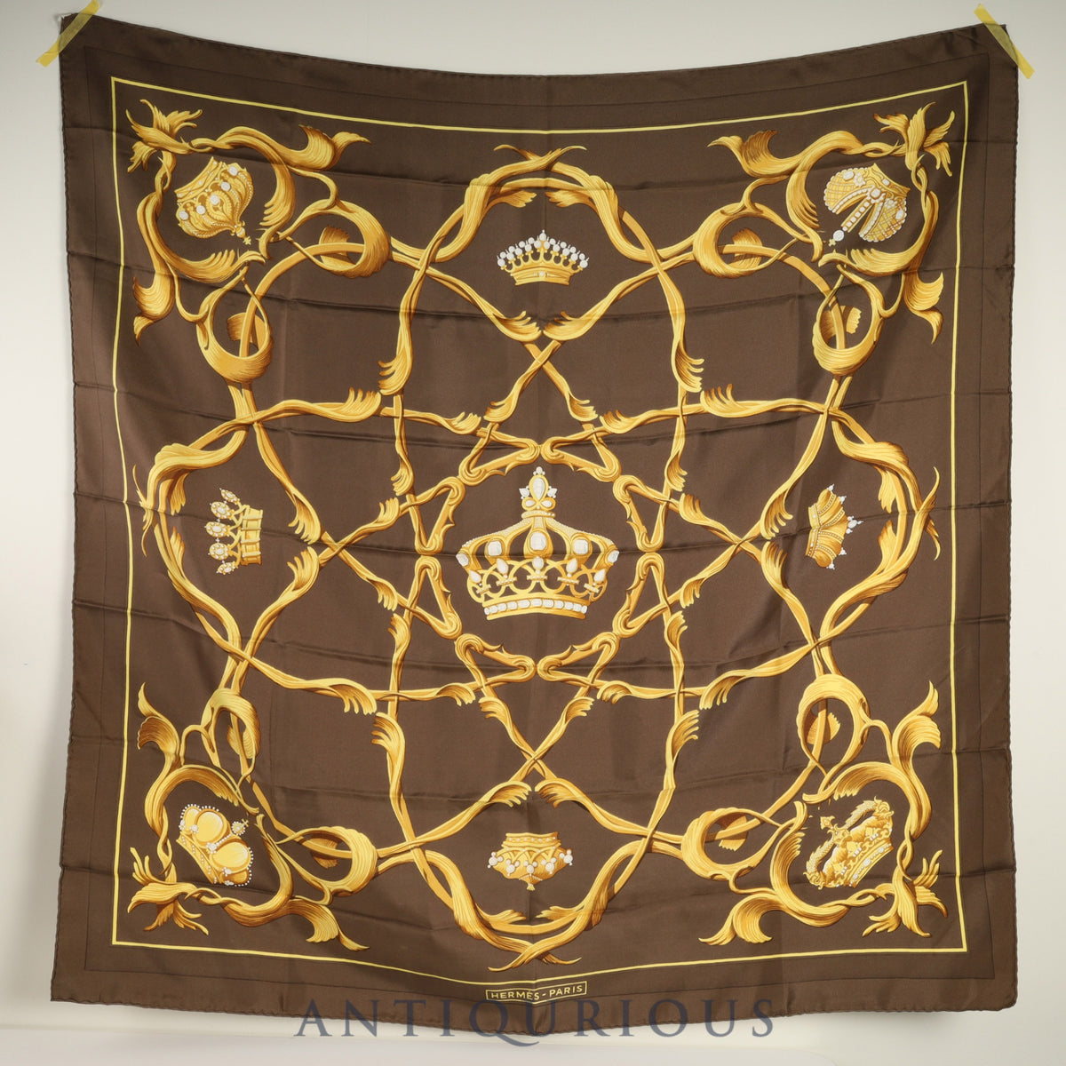 エルメス スカーフ カレ90 王冠柄 ブラウン SILK100%