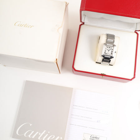 Cartier Tank Française LM W51002Q3 / 2302 Automatic, Stainless Steel, Silver Guilloche Dial, Box, Booklet, Warranty Card (2001), Overhauled