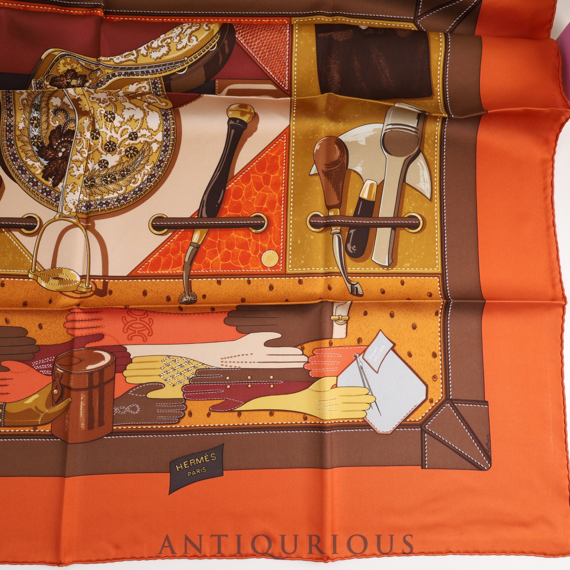 Hermes Scarf Carre 90 TOUT CUIR All leather Brown x Orange 100% SILK Case