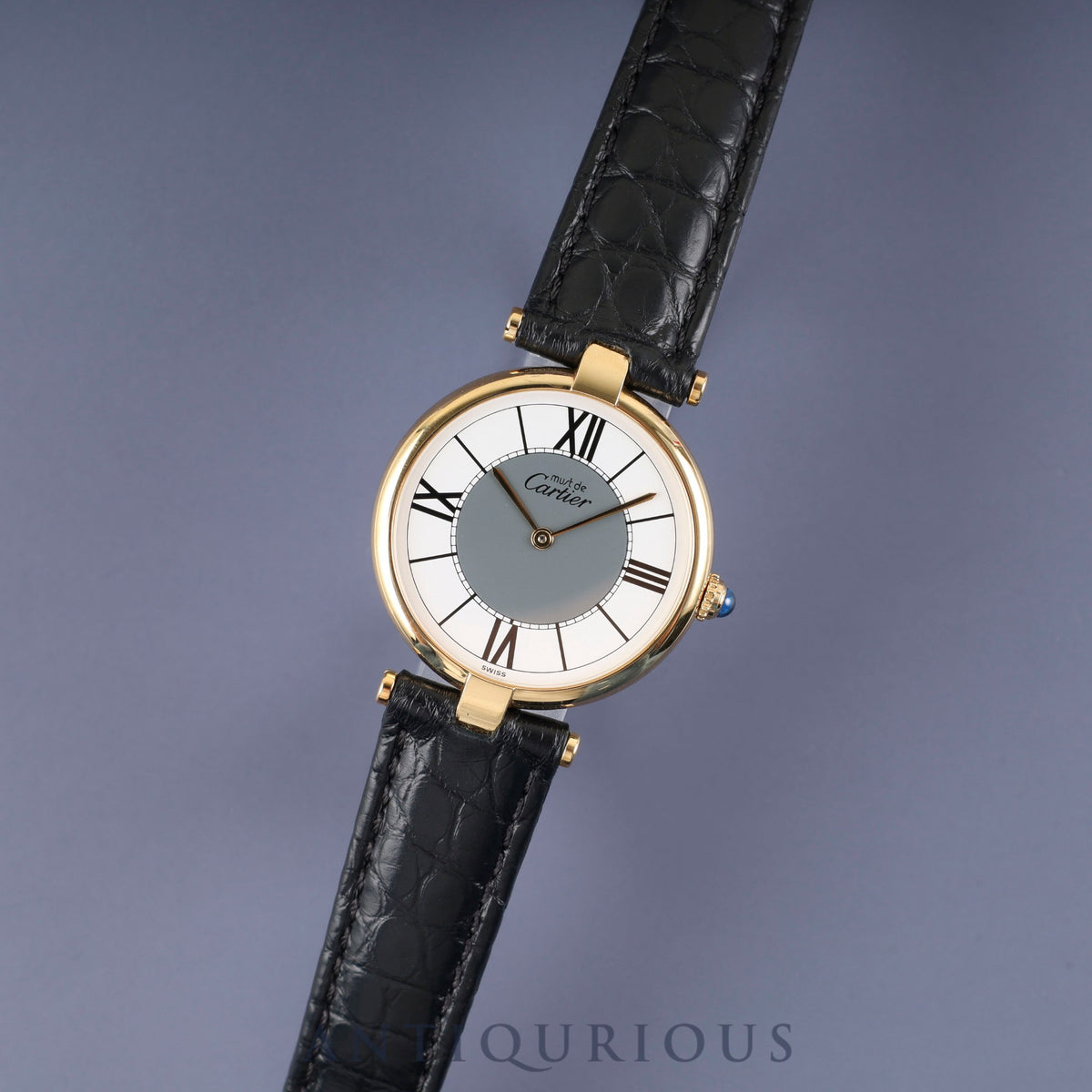 Cartier Must Vendôme VLC LM 590003 Quartz Caliber 90 SV925 Leather Strap with Genuine D-Buckle (GP) Roman Dial with Gray Center, Overhauled