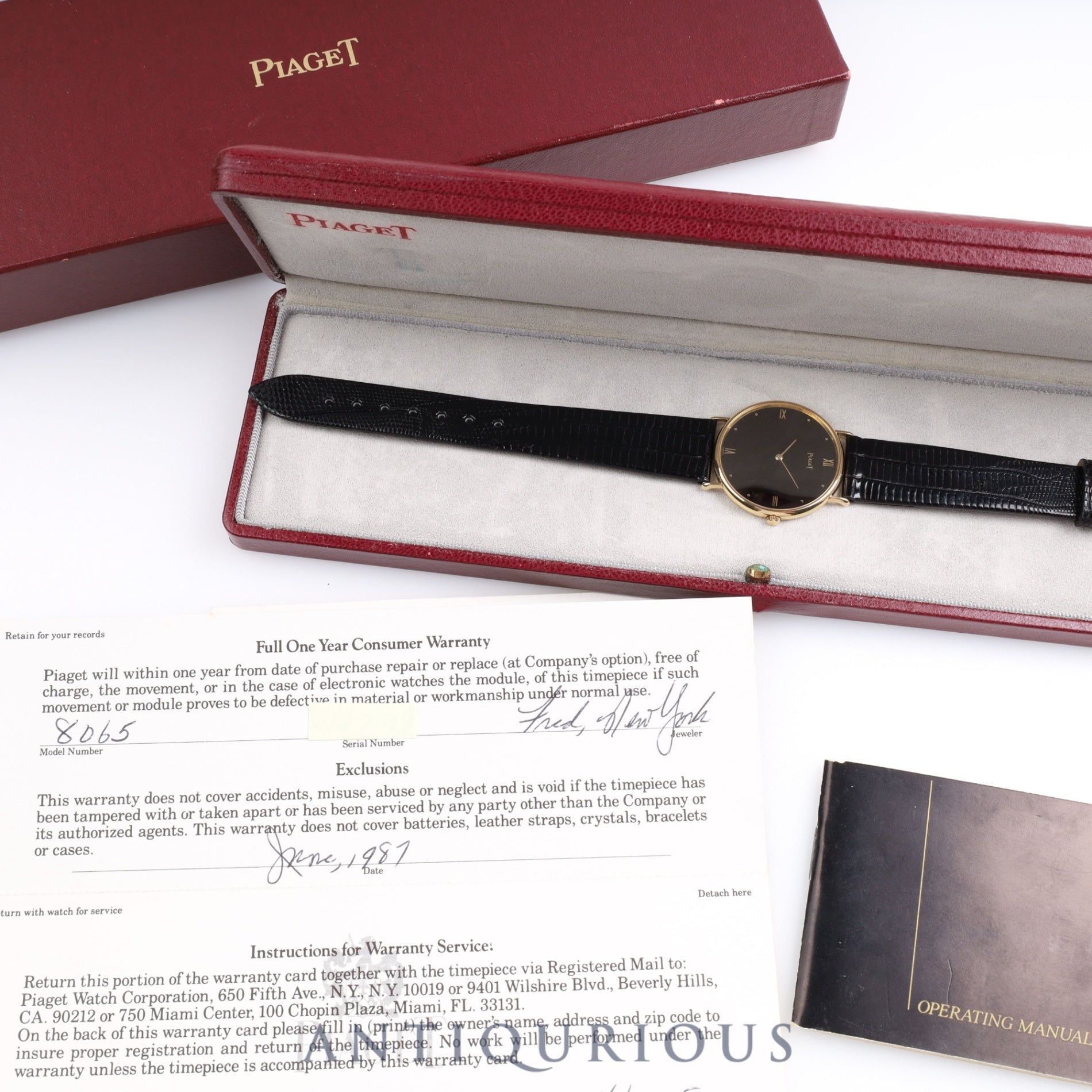 PIAGET ROUND 8065 Quartz YG Leather Genuine Buckle (750) Black Roman Dial Box Warranty (1987)