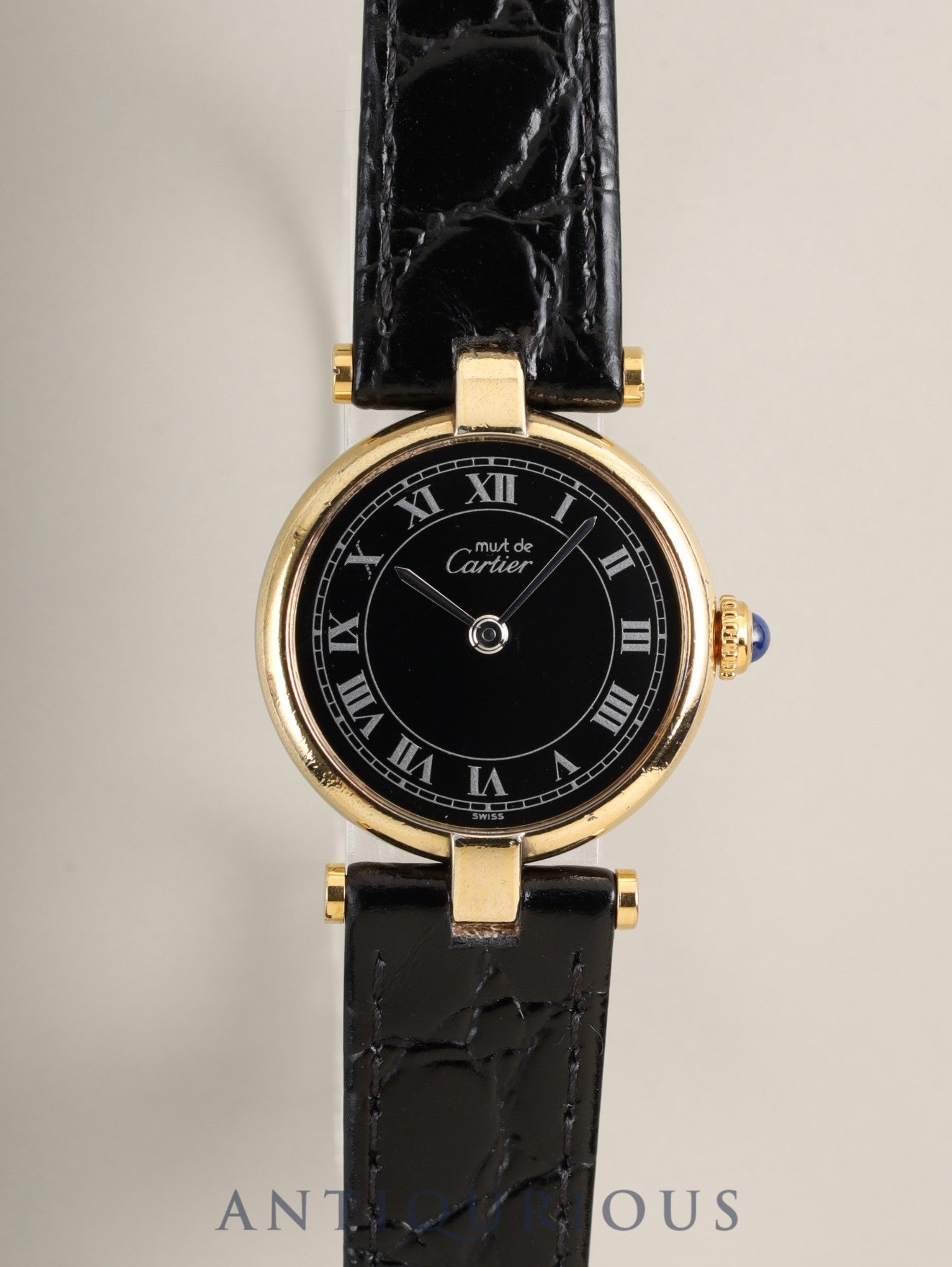 カルティエ マスト ヴァンドーム VLC SM 18 クォーツ Cal.690 SV925 革 純正ピンバックル（GP）ブラックローマン文字盤（SWISS表記）オーバーホール済み