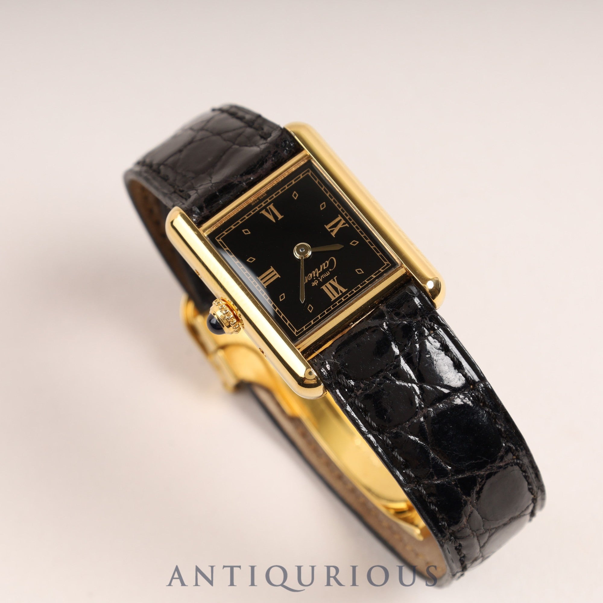 CARTIER Cartier Must Tank SM QZ Black Flying Roman Dial D Buckle Fully Maintained