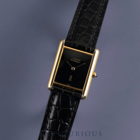 Cartier Must Tank LM 681006 Quartz Cal.81 SV925 Leather Genuine Buckle (GP) Black Onyx Dial Overhauled