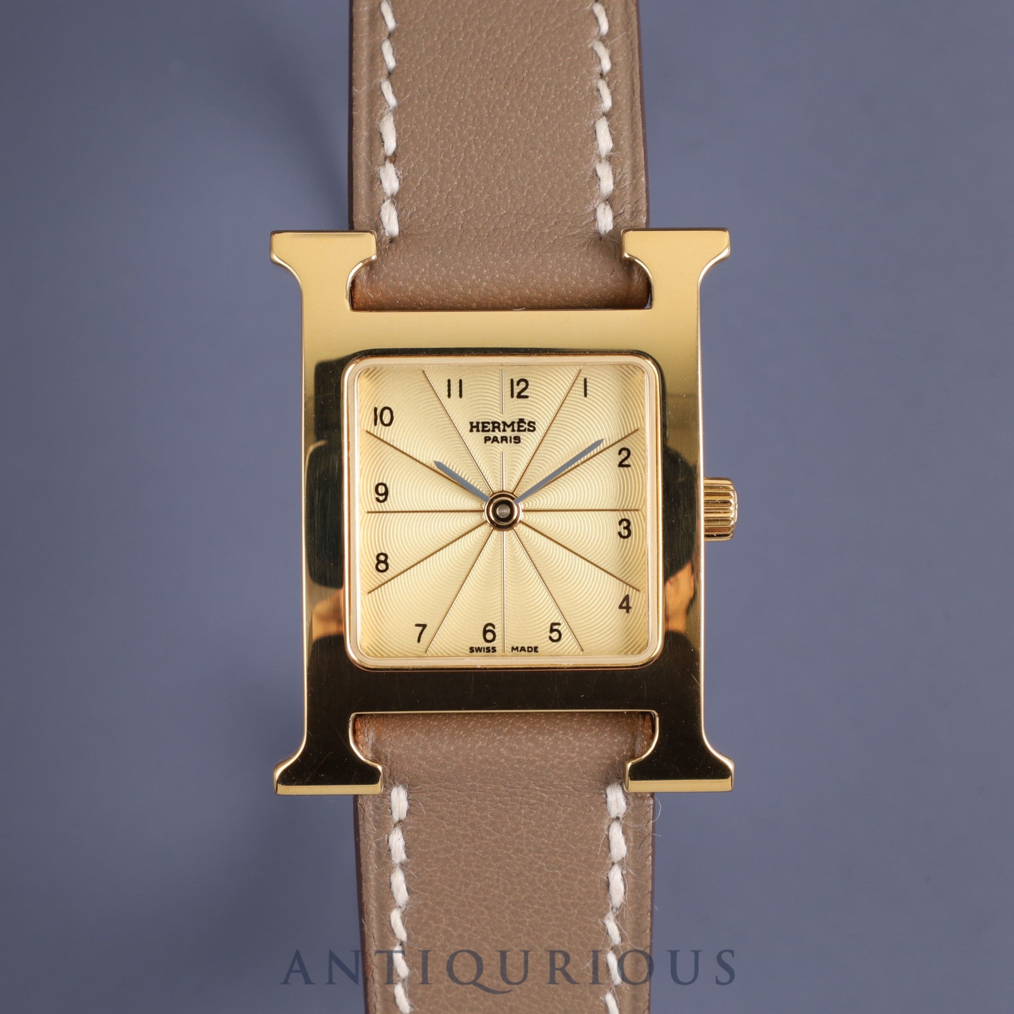 Hermes H Watch HH1.201 Quartz GP Genuine Leather Strap Gold Dial Box Warranty (2004) Overhauled