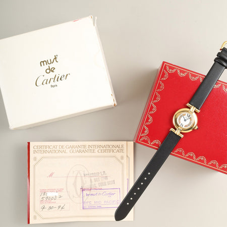 カルティエ マストコリゼ W1006654 / 590002 クォーツ Cal.90 SV925 革 純正ピンバックル（GP） サイドトリニティ文字盤 箱 冊子 保証書（1994年）オーバーホール済み