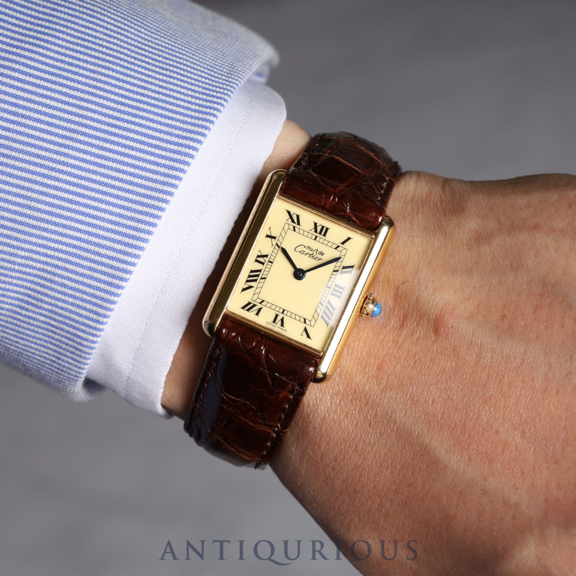 Cartier Must Tank LM QZ 590005 SV925 Leather Genuine Buckle Ivory Roman Dial Complete Service Completed