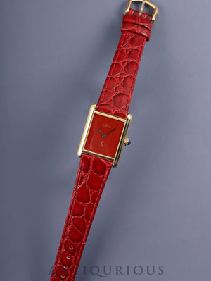 Cartier Must Tank LM, manual winding, SV925, leather, genuine buckle (GP), coral dial (SWISS MADE inscription), fully serviced at a Cartier boutique, refinished to like new condition.