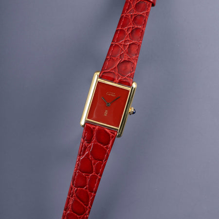 カルティエ マストタンク LM 手巻き SV925 革 純正尾錠（GP） コーラル文字盤 カルティエブティックにてコンプリートサービス（フルメンテナンス）済み 新品仕上げ済み