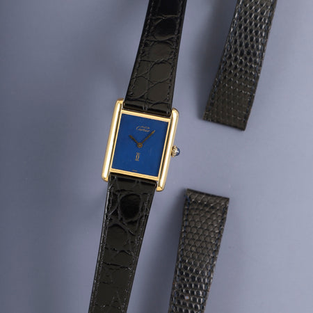 カルティエ マストタンク LM 6 手巻き Cal.78-1 SV925 革 純正ピンバックル（GP）ラピスラズリ文字盤（SWISS表記）純正レザーベルト付き オーバーホール済み 新品仕上げ済み