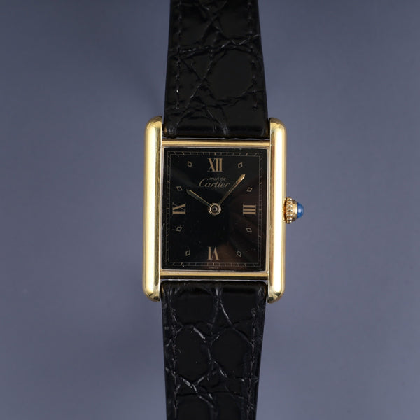 Cartier Must Tank LM 590005 Quartz Caliber 90 SV925 Leather Strap with Genuine GP Buckle, Black Roman Dial, Overhauled and Finished to Look Like New