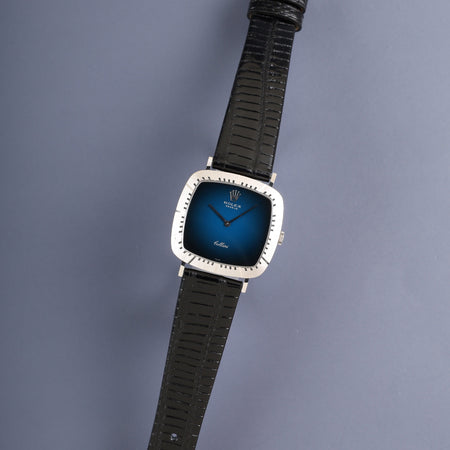 ロレックス チェリーニ 4084 手巻き Cal.1600 革 750WG 純正ピンバックル（SS）ネイビー文字盤 41番台（1974年）オーバーホール済み