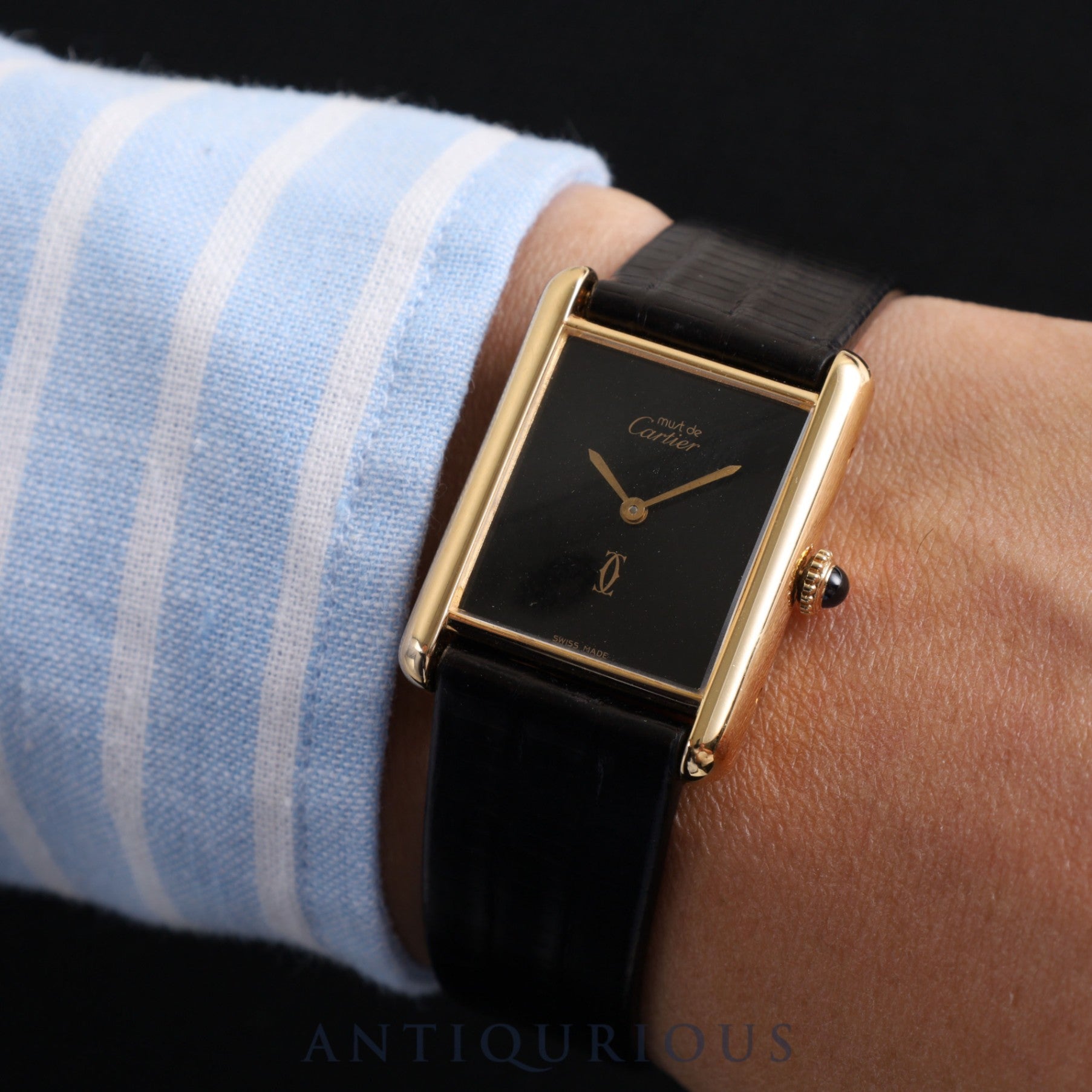 Cartier Must Tank LM Manual winding Cal.78-1 SV925 Leather Genuine buckle (GP) Onyx dial Overhauled