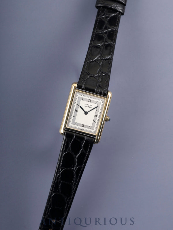 Cartier Must Tank LM 6 81006 Quartz Caliber 81 SV925 with Genuine GP Buckle, Silver Roman Dial, Circa 1982-1995, Box, Overhauled