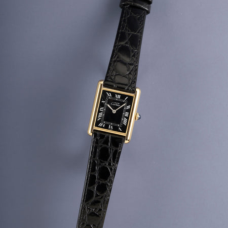 カルティエ マストタンク LM 手巻き Cal.78-1 SV925 革 純正ピンバックル（GP）ブラックローマン文字盤（SWISS表記） オーバーホール済み