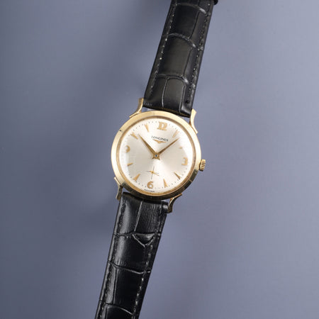 ロンジン ラウンドスモールセコンド 2033P 手巻き Cal.23Z K14YG 革 社外尾錠（GP） シルバー×ゴールド文字盤 オーバーホール済み