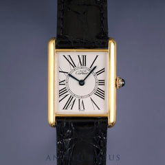 Cartier Must Tank LM 590005 Quartz Caliber 90 SV925 Leather Strap with Genuine GP Buckle, Opalescent Dial, Overhauled and Finished to Look Like New