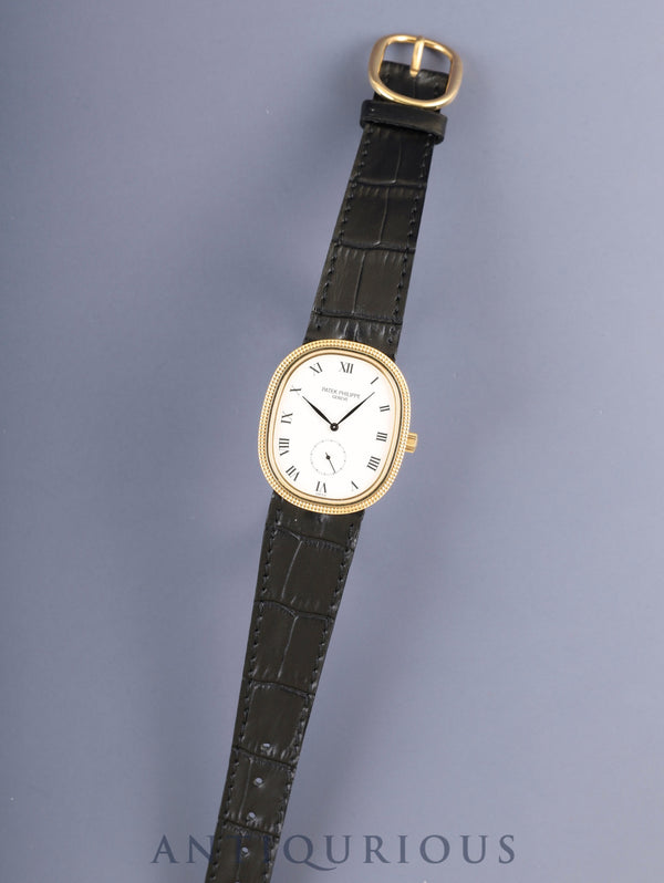 Patek Philippe Golden Ellipse 3989 Manual winding Cal.215 750YG leather strap Original pin buckle (750YG) White Roman dial Box, booklets, guarantee (1989) Overhauled